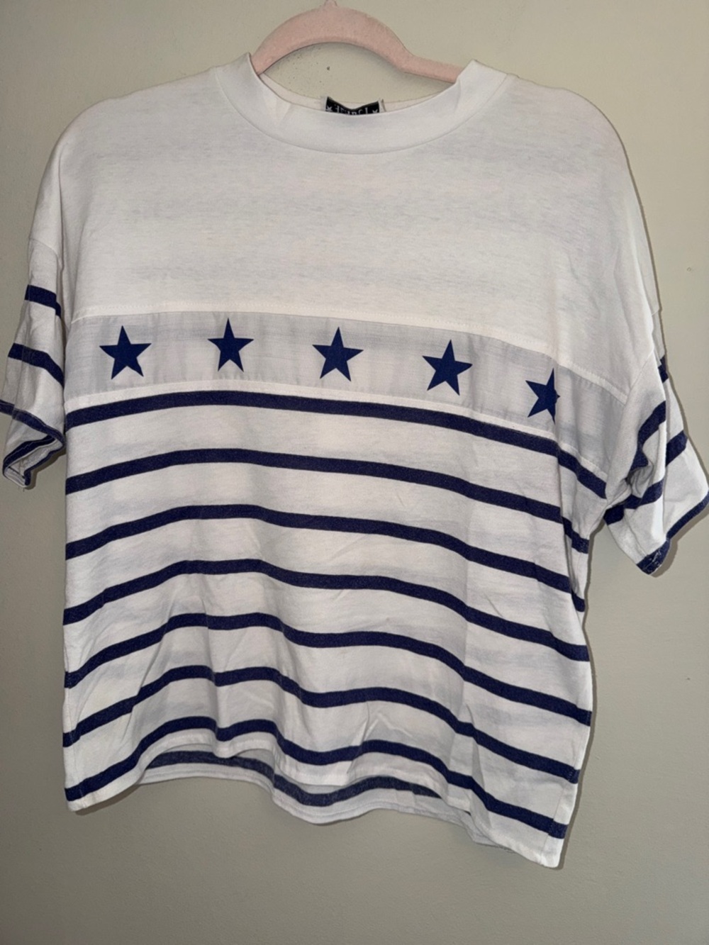 Vintage Striped Star Boxy Tee - White & Navy - Picture 2 of 4